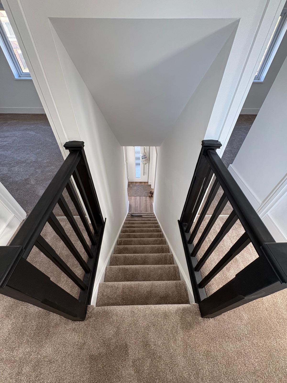 Finished staircase with carpet and bannister